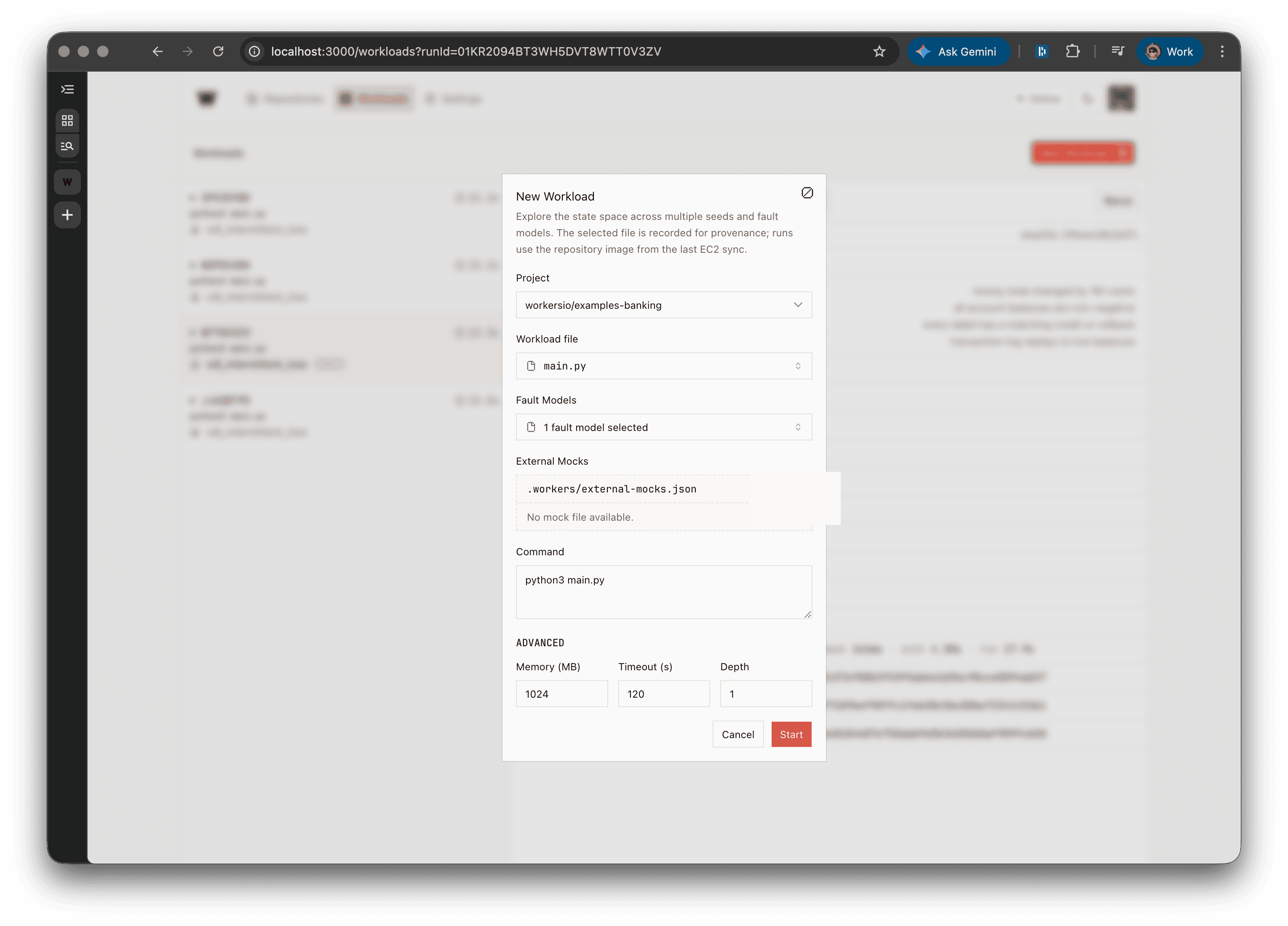 New Workload dialog with project, workload file, fault models, external mocks, command, memory, timeout, and depth fields.