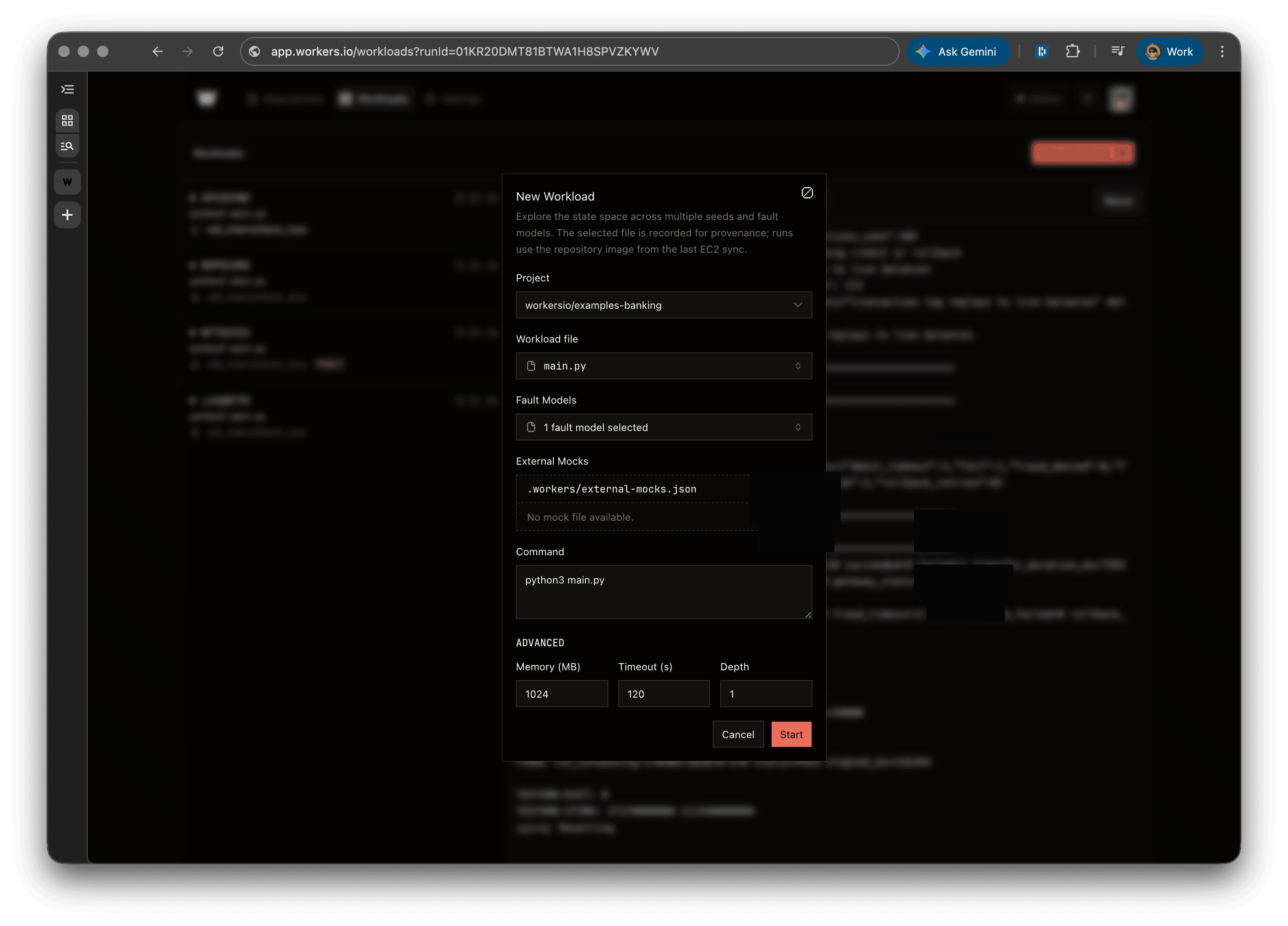 New Workload dialog with project, workload file, fault models, external mocks, command, memory, timeout, and depth fields.