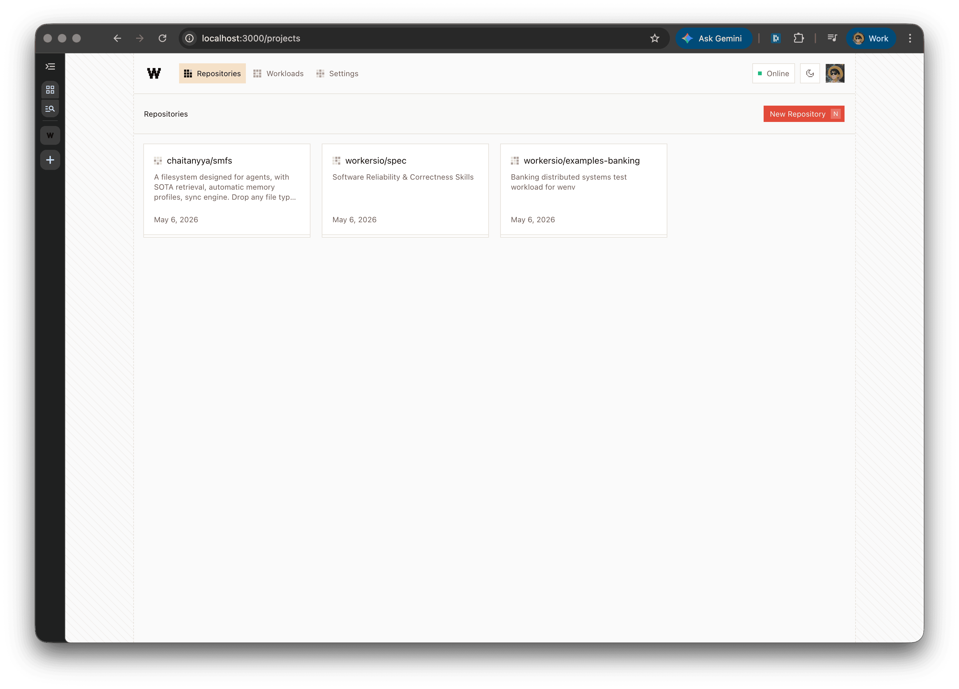 Workers IO repositories page with connected GitHub repositories and the New Repository button.