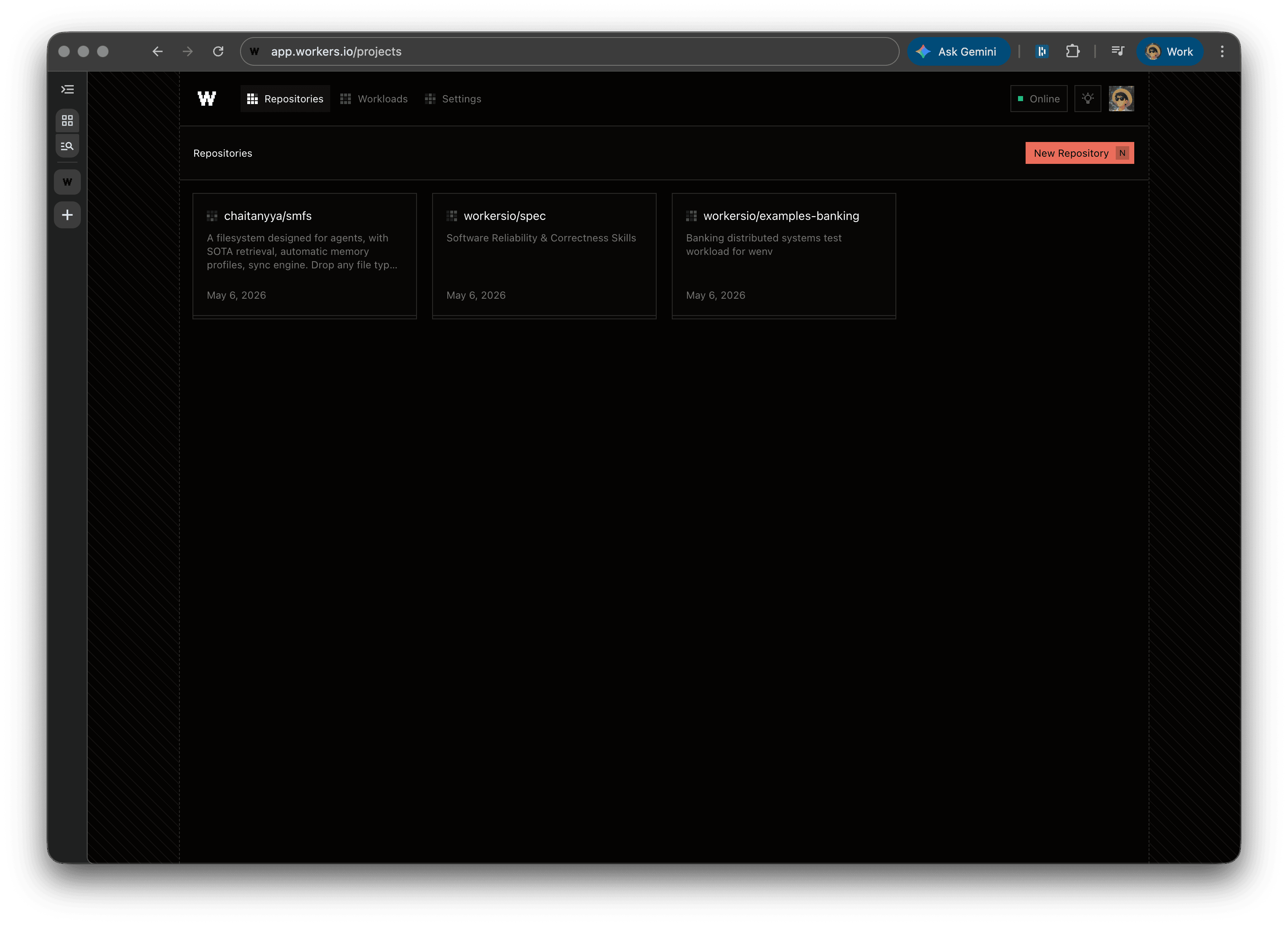 Workers IO repositories page with connected GitHub repositories and the New Repository button.